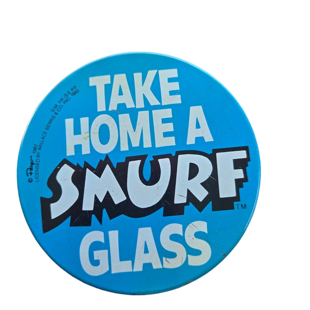Smurf Pinback Button Vintage 1982 Take Home A Smurf Glass‎ Wallace Berrie 3"
